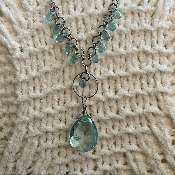 Express Aqua Blue Teardrop Pendant Necklace Silver Tone By Express - Picture 2 of 8